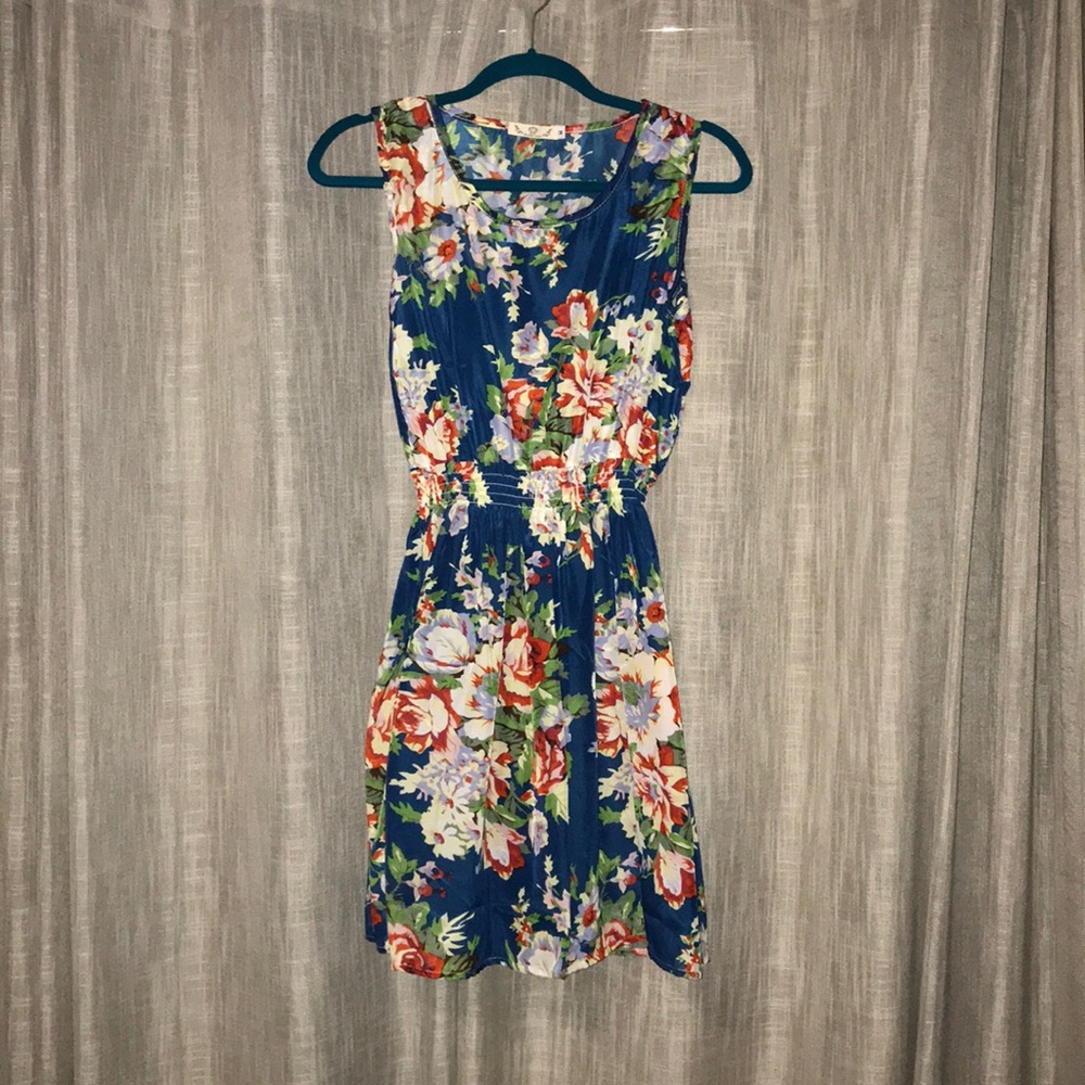 Blue Floral Dress with Elastic Waistline